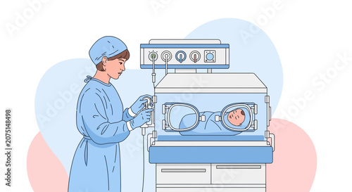 Neonatal Intensive Care: Nurse Attends Premature Baby in Incubator