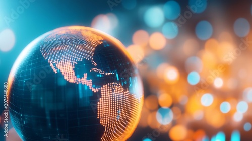 Image An egg-shaped glassdigital globe showing the Americas (North and South America) made of orangegold glowing dotspixels. The background is a blue and orange bokeh effect. The