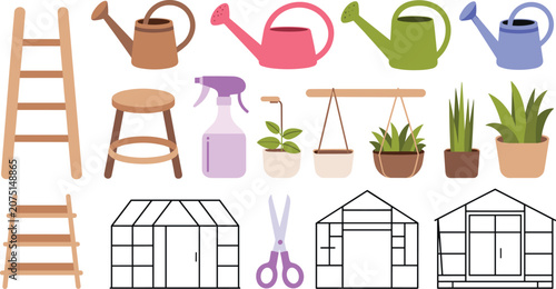 Schilderij op canvas Gardening tools and greenhouse vector set with watering can ladder potted plants
