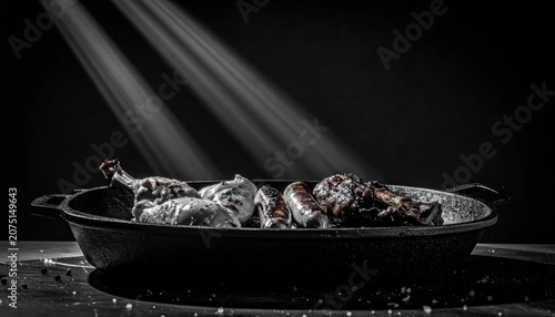Grilled seafood in a pan with rays.