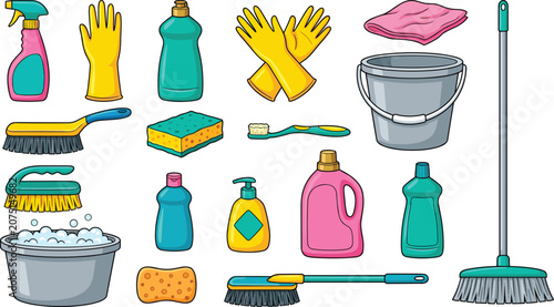 Photos Cartoon house cleaning tools vector collection featuring a broom, buckets with soapy foam, sponges, spray bottles, and rubber gloves isolated on white background