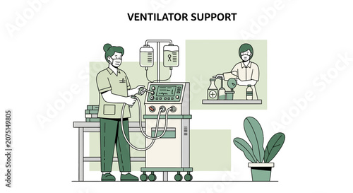 Medical Team Assists Patient with Ventilator Support and IV Drip in Hospital Room