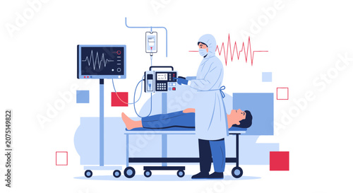 Medical Team Cares for Patient in ICU with Advanced Monitoring and Life Support Equipment