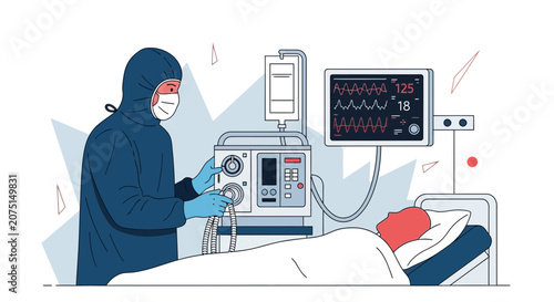 Medical Team Cares for Patient in ICU with Ventilator and Cardiac Monitor