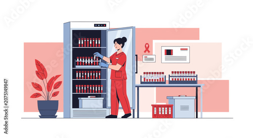Medical professional organizing blood samples in a laboratory refrigerator