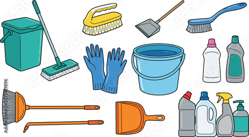Konstfotografi Doodle style cleaning equipment vector collection featuring brooms, mop, buckets, rubber gloves, scrub brushes, and household detergent bottles isolated on white background