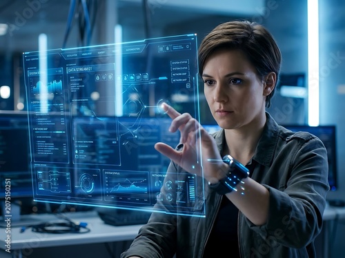 Female professional using holographic interface in office.