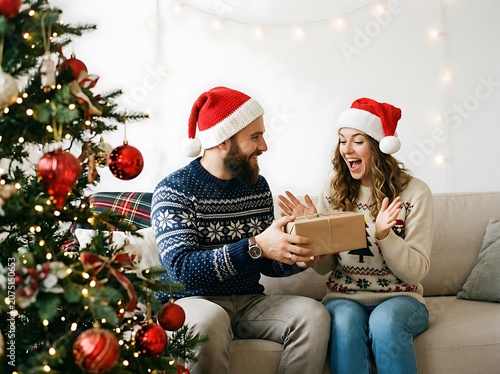 Couple exchanging Christmas gifts by decorated tree.