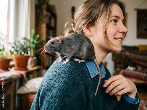 Woman with gray cat enjoying indoor moment.