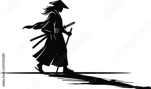 Traditional japanese samurai walking with katana sword silhouette vector