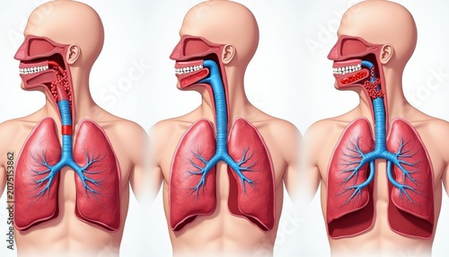 Human respiratory system diagram shows trachea bronchi lungs and upper airways. Illustration details internal anatomy gas exchange and breathing function for medical education.