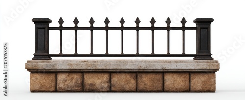 Rusty iron fence and brown sandstone block on white featuring a rugged stone texture for design.