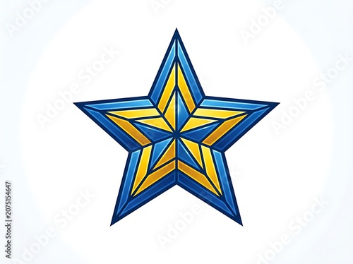 Golden starburst emblem on blue background.