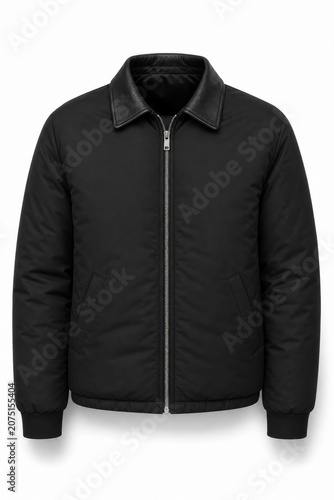 Front view of a classic black zip-up bomber jacket with a leather collar, displayed flat against a clean white background, stylish men outerwear apparel