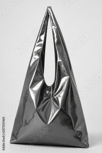 Shiny Metallic Silver Tote Bag Mockup Standing on Light Background