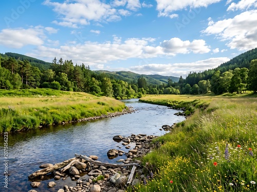 Serene River Flowing Through Green Valley Landscape.