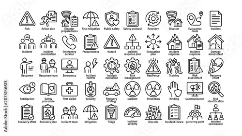 Photos Emergency response and disaster management icons set for safety protocol and ris