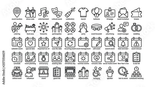 Bild auf Leinwand Set of black line icons and words for events and celebrations with people and ob