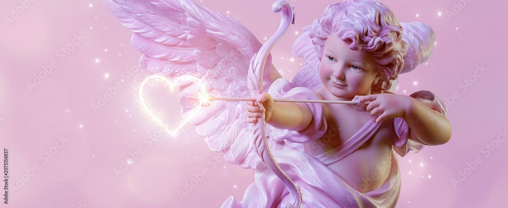 Naklejka premium In a dreamy romantic setting, a pastel cherub shoots a luminous heart arrow amid gentle sparkles.
