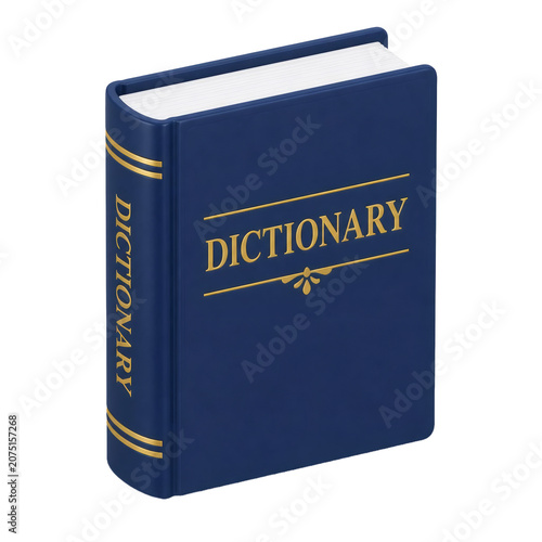 A Dark Blue Hardback Dictionary Book with Gold Lettering Displayed at an Angle