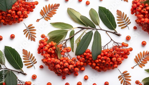 Branch Of Ashberries Isolated On White Seamless Pattern With Color Mountain Ashes