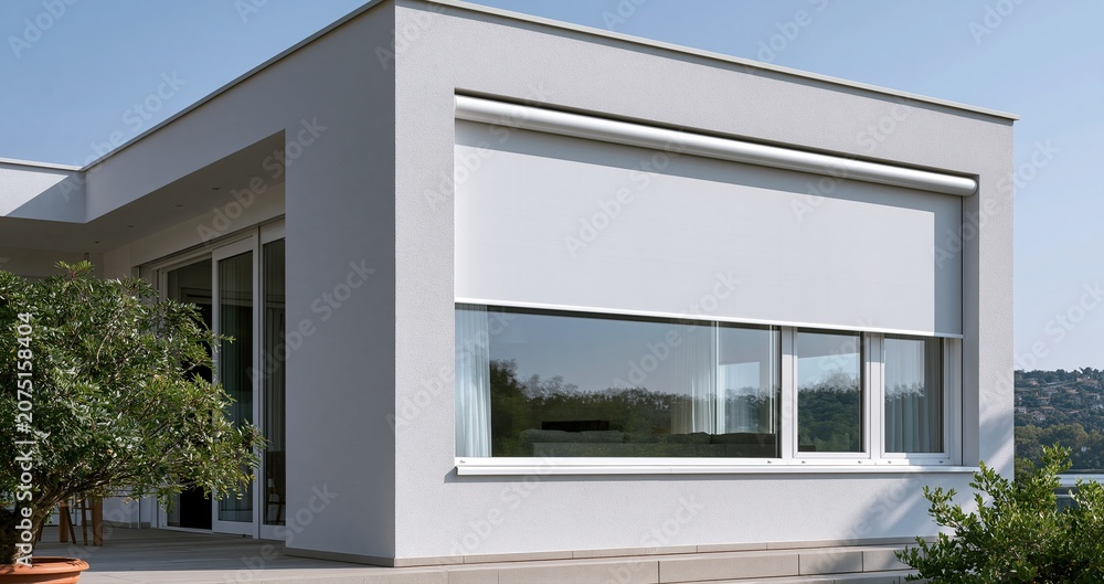 Fototapeta premium Modern house facade with large glass windows protected by exterior roller shutters, highlighting stylish design and clean lines.