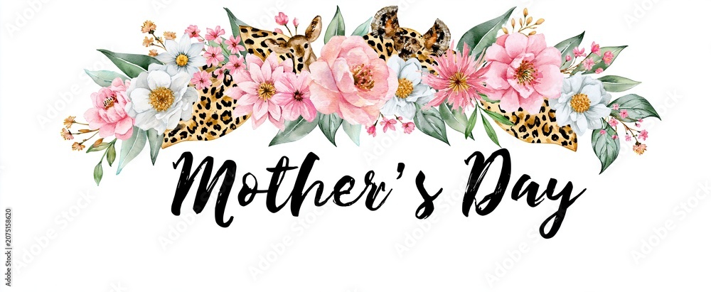 Fototapeta premium Festive spring scene featuring a cheerful woman in a floral crown and boho animal print celebrating Mother’s Day.