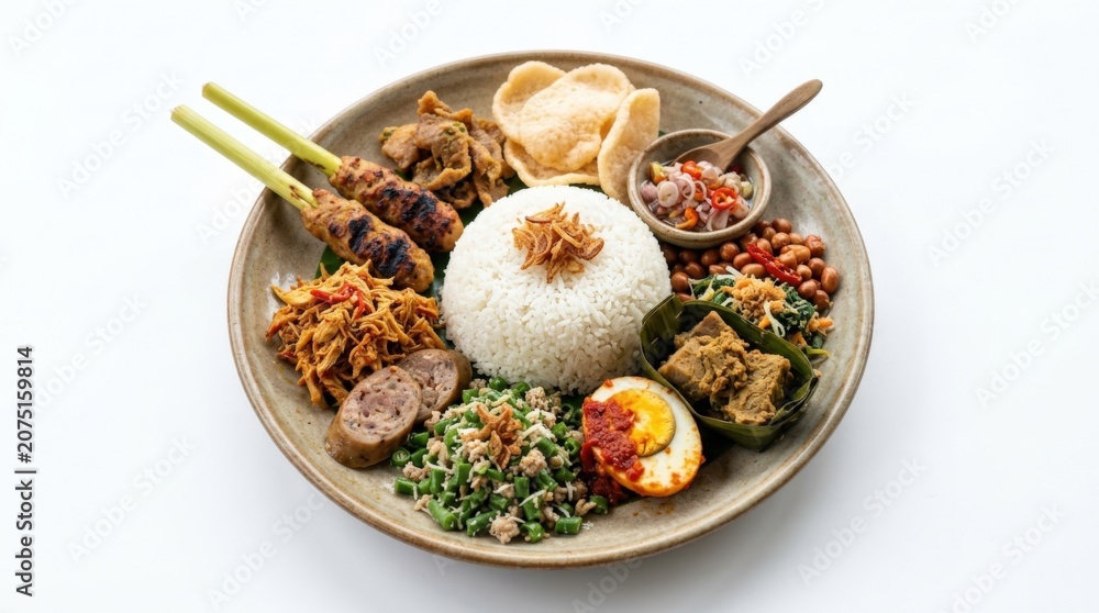 Fototapeta premium Delicious and colorful Indonesian Nasi Campur served on a round plate with rice, satay, and various side dishes