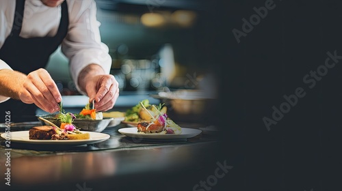 chef hands plating gourmet dish in modern restaurant kitchen