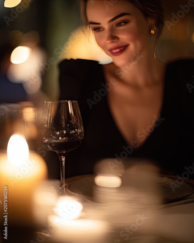 a woman at a candlelit dinner table, red wine glass, black dress, soft smile
