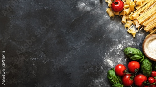 fresh homemade pasta ingredients on kitchen table, tomatoes, basil and flour