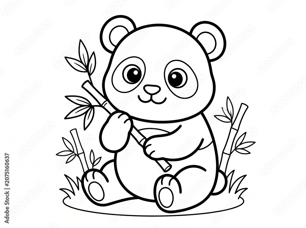 Obraz premium Cute cartoon panda sitting and holding bamboo coloring page