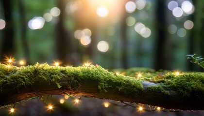 A Moss Covered Branch Adorned With Glowing Fairy Lights Creates A Magical And Dreamy Forest Ambiance With Soft Bokeh In The Background