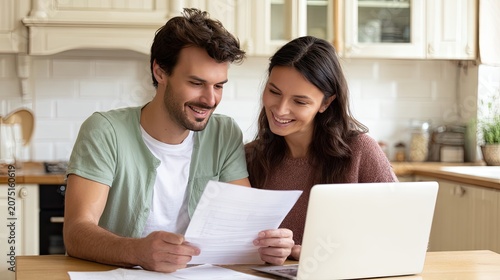 happy couple discussing budget at kitchen table with laptop and documents