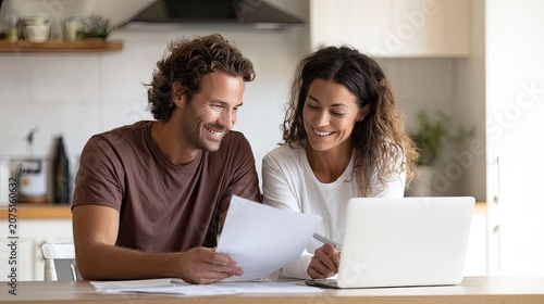 happy couple discussing budget at kitchen table