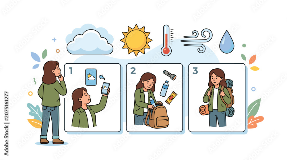 Fototapeta premium Woman preparing for outdoor activity checking weather packing gear