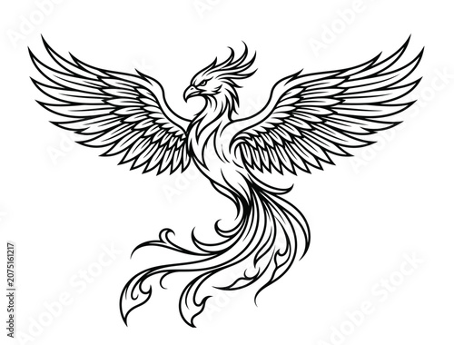 Tableau sur toile Mythical Phoenix Vector Illustration, Majestic Firebird Symbol of Rebirth and Im