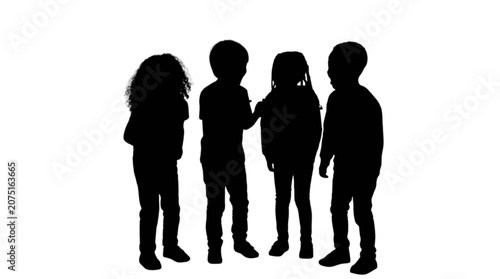 Vászonkép Four silhouetted children standing together isolated on transparent background,