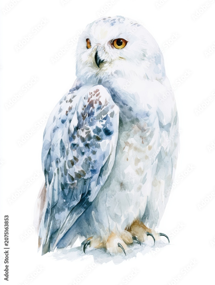 Obraz premium Snowy owl is perched in a snowy environment with soft colors and delicate details of feathers on its body