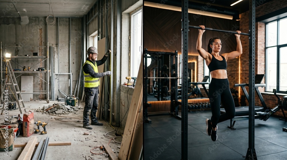 Fototapeta premium fitness center upgrade renovation stages before after transformation