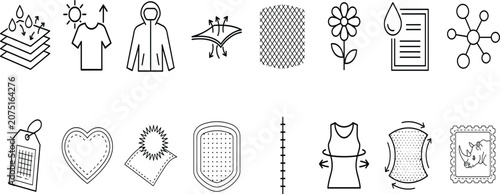Fotografía Textile fabric property line art icons set with breathable waterproof elastic du