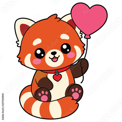 Cute cartoon red panda holding a pink heartshaped balloon