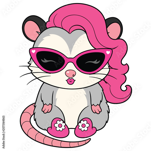 Cute cartoon opossum with pink hair and sunglasses