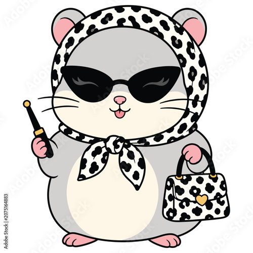 Cute cartoon hamster wearing a leopard print headscarf and sunglasses holding a matching handbag and a lipstick