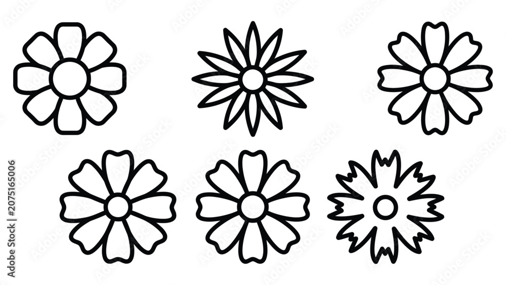 Obraz premium Black and White Flower Clipart Set, Hand Drawn Floral Outline Vector Illustrations