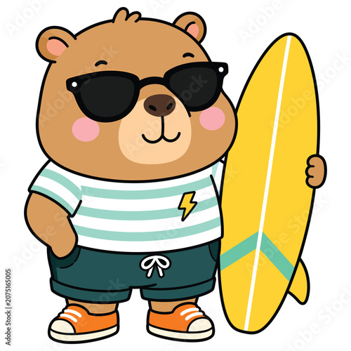 Cute cartoon bear wearing sunglasses and a striped shirt holding a yellow surfboard