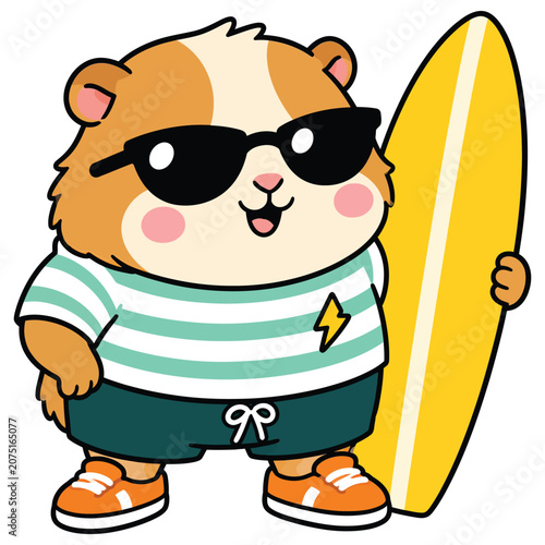 Cute cartoon hamster wearing sunglasses and a striped shirt holding a surfboard