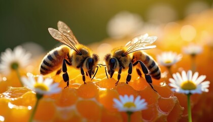 Two bees rest on bright golden honeycomb full of sweet honey. White daisy flowers bloom nearby. Macro photo shows insect pollination and apiary work.
