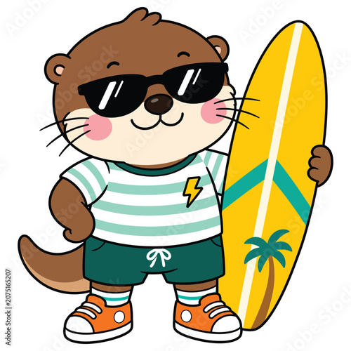 Cute cartoon otter character wearing sunglasses and summer clothes holding a surfboard