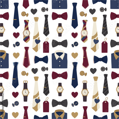 Fathers day vector pattern with ties bow ties watches suits and navy burgundy style